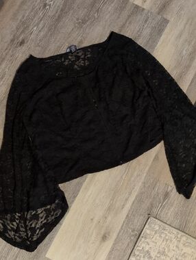 Sheer Black Lace Balloon-Sleeve Women's Blouse